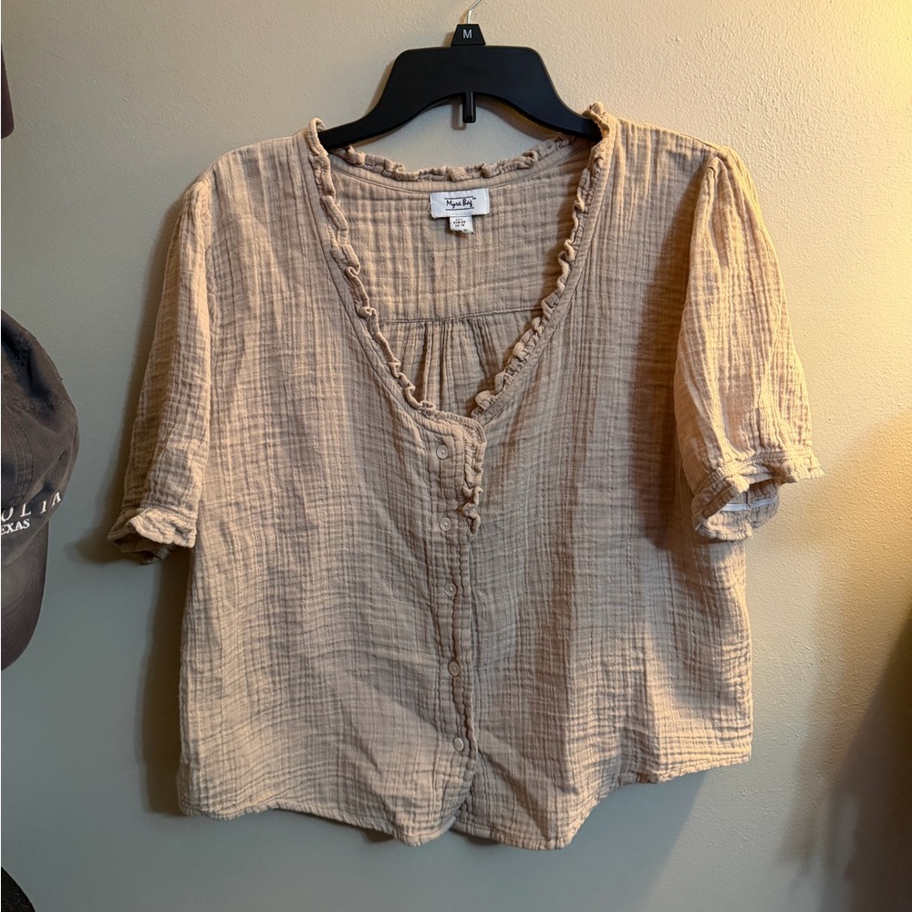Myra Bag Tan Textured Blouse with Ruffle Trim